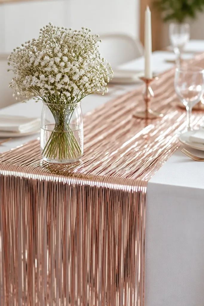 A table set with a white tablecloth and a rose-gold metallic fringe runner laid down the center. The fringe hangs in thin strips, with a small bouquet of faux baby's breath in a simple vase near the front.