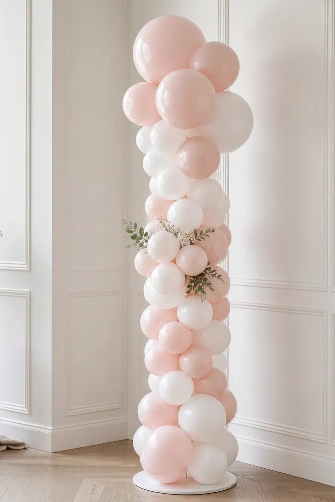 A vertical balloon column in blush and white, with a few balloons slightly larger at the top. The column is tied to a floor base and includes a small "Bride to be" balloon cluster at eye level.