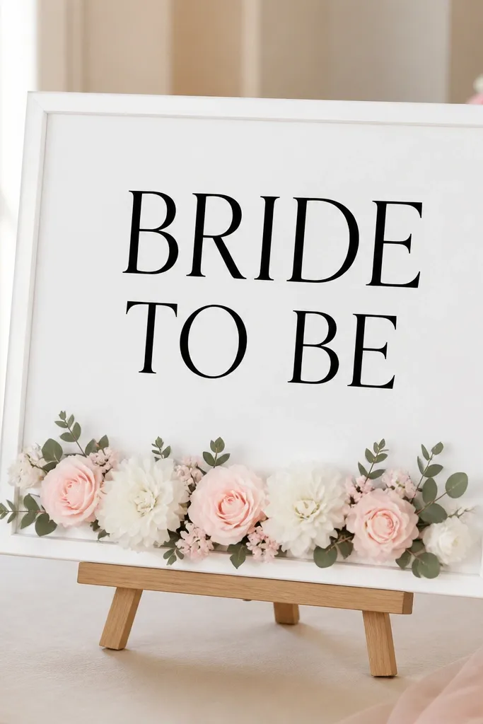 A freestanding white frame sign with bold "BRIDE TO BE" lettering. The frame has a simple faux flower strip along the bottom edge and sits on a small easel on a table.