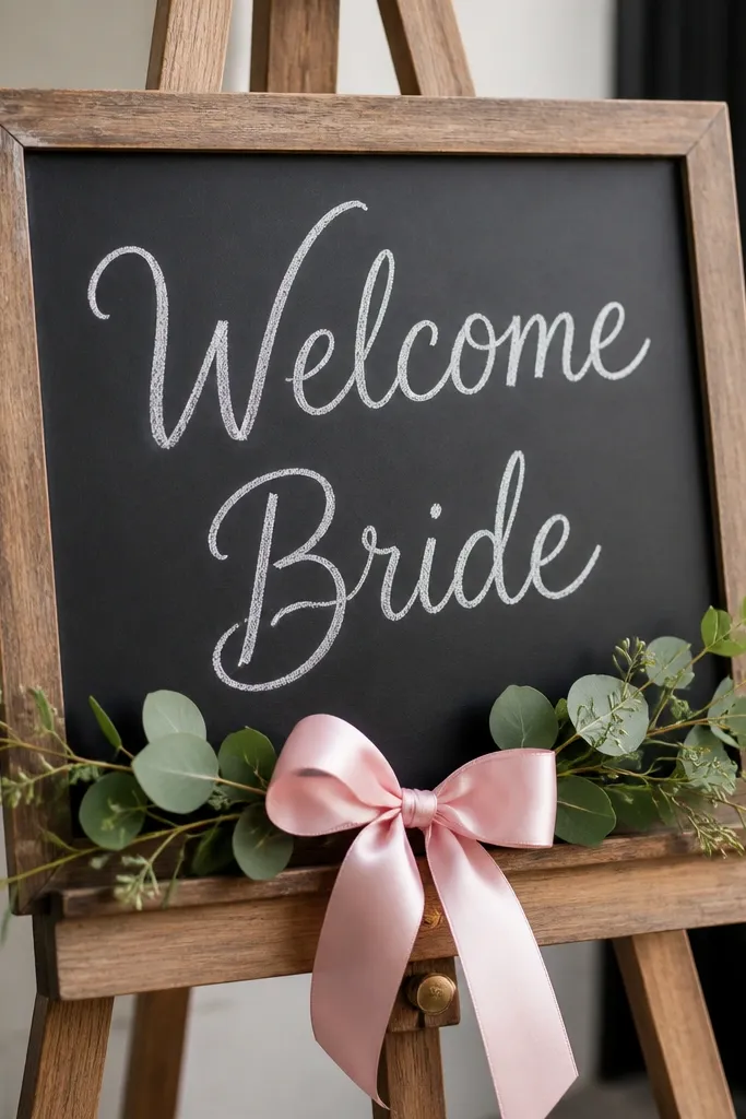 A small chalkboard sign on an easel with the words "Welcome Bride" in white chalk. A sprig of greenery and a pink satin bow sit at the bottom.