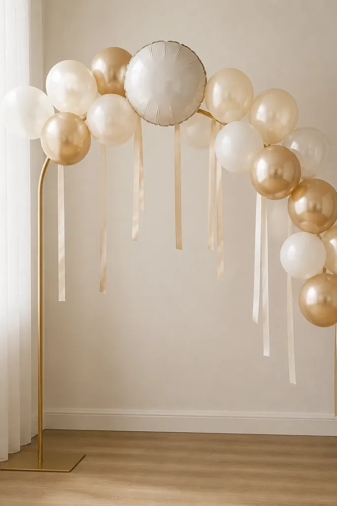 A simple balloon arch corner made with a few balloons and clear tape on a stand. Champagne satin ribbons hang in short strips between balloons, and a small "Bride to be" balloon sits at the center.