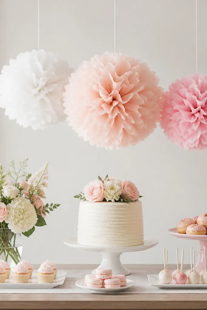 Three layered tissue paper pom-poms in white, blush, and pale pink hanging behind a dessert table. Each pom-pom has a slightly different size, and they hang from a fishing line.