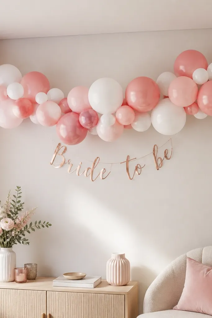 A horizontal balloon garland across a wall corner made of rose-pink and white balloons. The balloons vary in size and are spaced evenly, with a small "Bride to be" banner hanging from the center.
