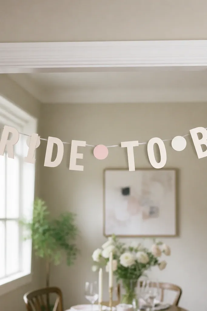 A "BRIDE TO BE" banner made of thick matte letters, each about 8 inches tall. The letters hang from a white string across a doorway, with small white and blush paper circles as spacing accents.