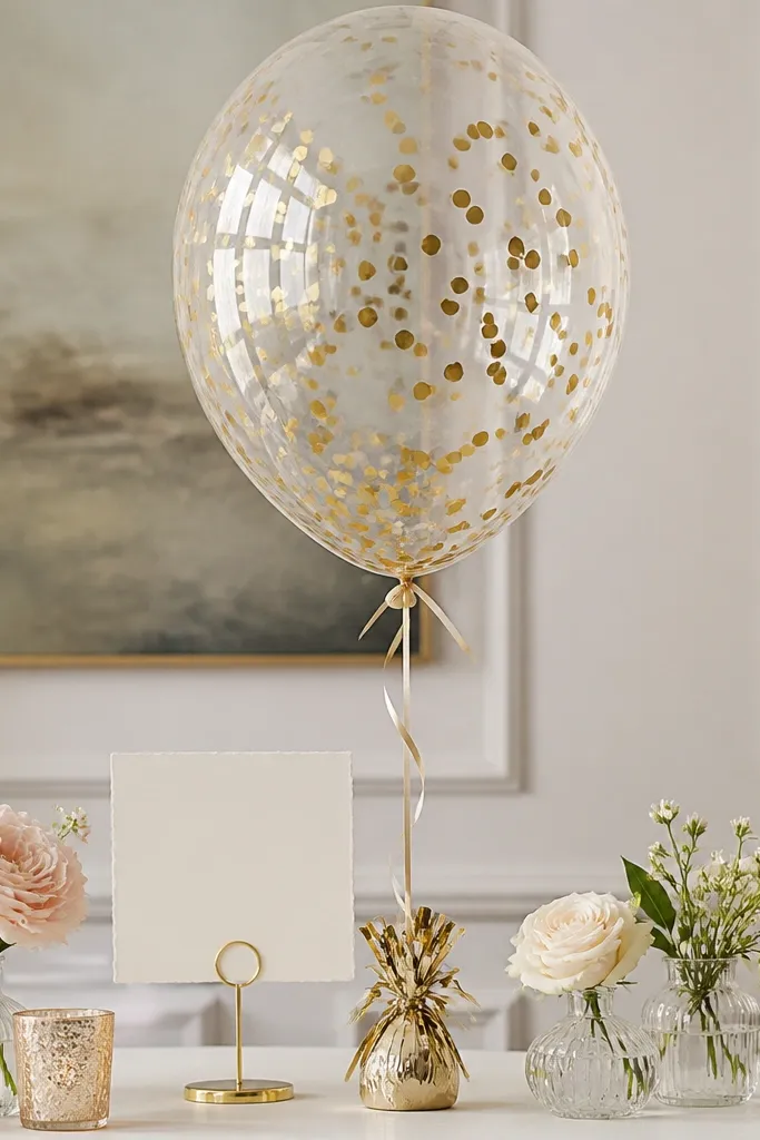 A single clear balloon filled with gold confetti sitting on a table. The balloon is weighted and surrounded by small faux flowers and a "Bride to be" card on a stand.