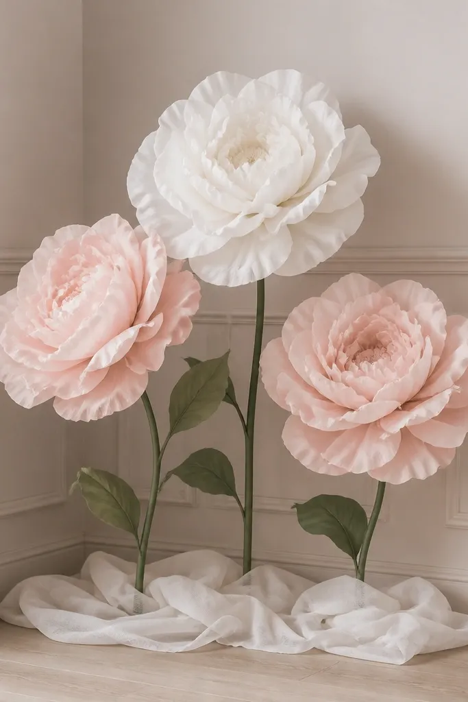 A corner backdrop with three oversized paper flowers: one white, two blush. The flowers sit on the floor with stems and layered petals, and a small "Bride to be" sign is tucked between them.