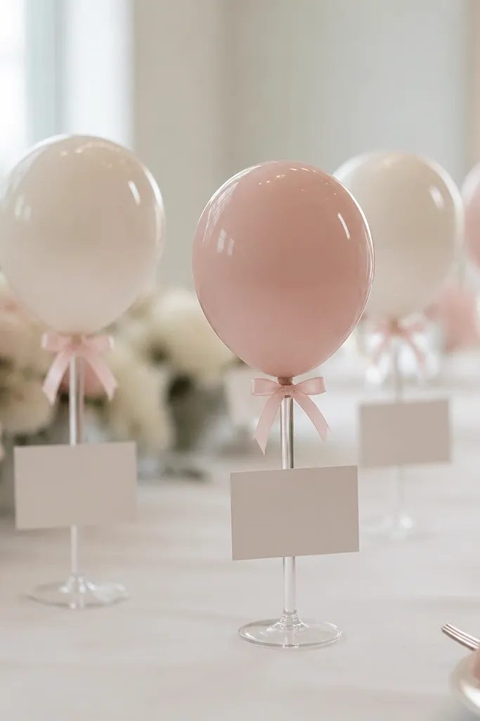 Small balloons used as name card holders on a table, each balloon attached to a clear stand with a small card that says "Bride to be" or guest names. The balloons are blush and white.