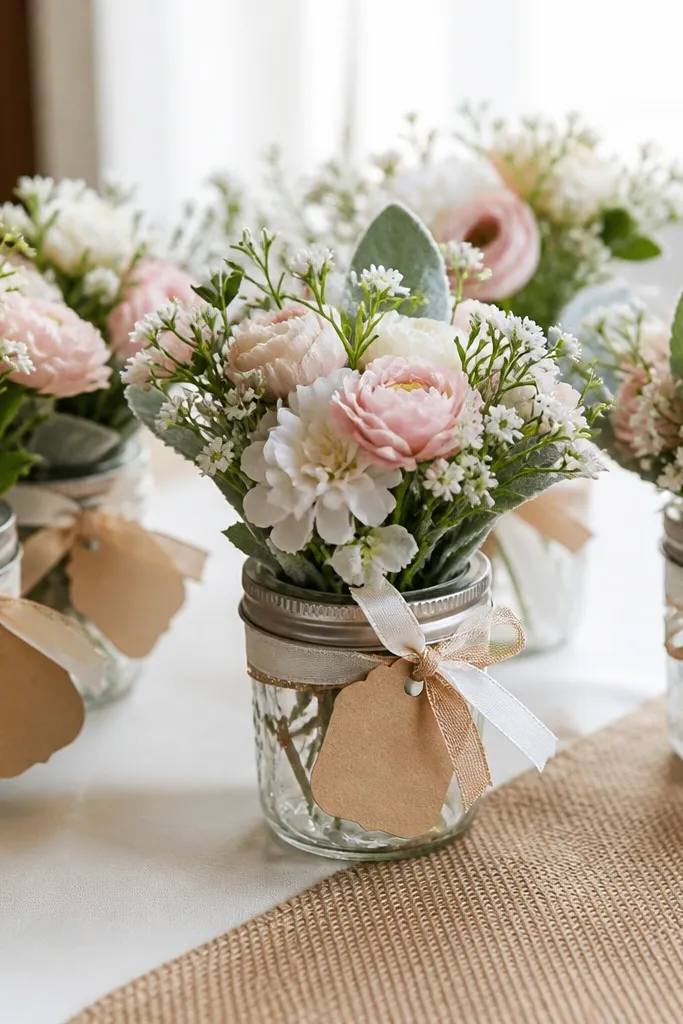 Several small mason jars filled with faux flowers. Each jar has a ribbon tied around the lid, with a small tag that says "Bride to be" or a guest name.