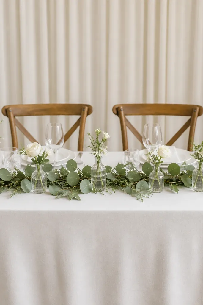 The sweetheart table has a sage-green greenery runner laid across the center. A neat line of small bud vases runs down the middle, each with a single white flower and a bit of greenery. The background is a simple light neutral curtain.