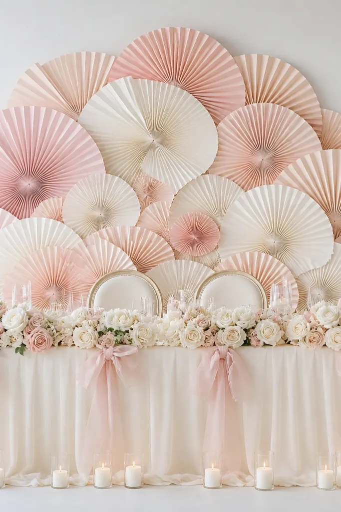 A backdrop made of layered paper fans in blush and ivory, arranged in a large half-circle behind the head chairs. The table has an ivory cloth and a few blush ribbon bows. Small white candles sit along the front edge.