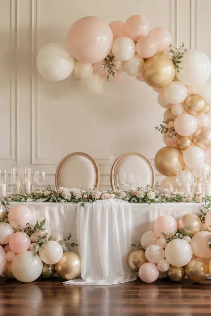 A balloon garland in blush, cream, and light gold sits along the edges of the sweetheart table. Above the head chairs is one tall balloon arch cluster with a few larger balloons and smaller accents. The table has a white runner and minimal florals.