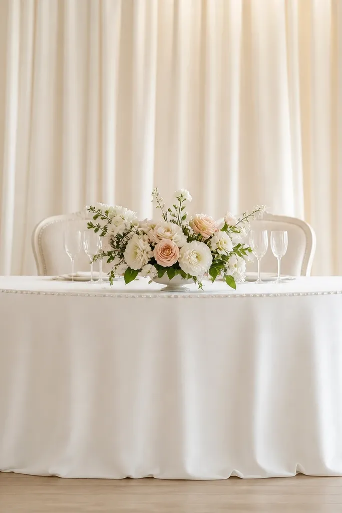 A white sweetheart table skirting made from crepe fabric drapes smoothly to the floor. Along the front edge is a thin pearl button trim in a neat line. The backdrop is a soft cream curtain and the table has a single floral arrangement at center.