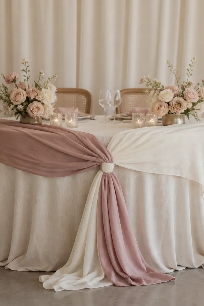 The sweetheart table uses two linen runners layered in opposite directions, one in ivory and one in dusty rose. At the center front, the runners are tied into a small knot. The backdrop is plain cream fabric.