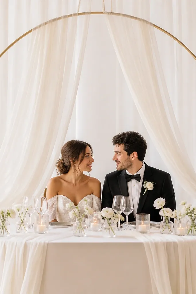 A gold hoop sits behind the head chairs, with ivory tulle draped in soft vertical strands. The table has an ivory runner and a few small white blooms. The hoop creates a clean circular frame around the couple.