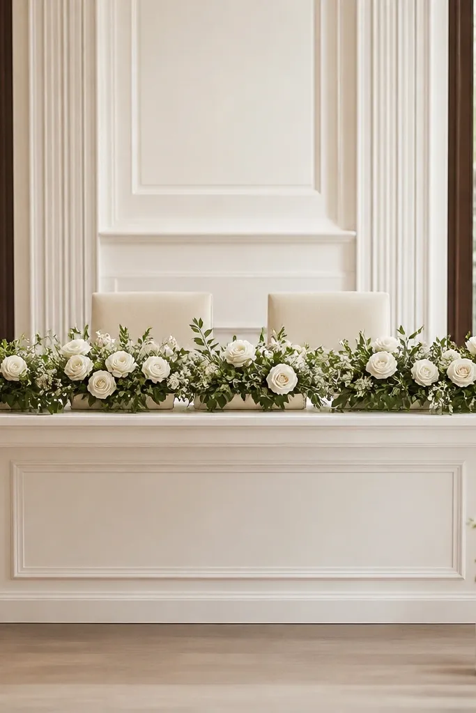 A long, low centerpiece runs along the center of the sweetheart table with white roses and greenery in shallow containers. The containers are placed in a line, and the table front is clean with no heavy skirting.