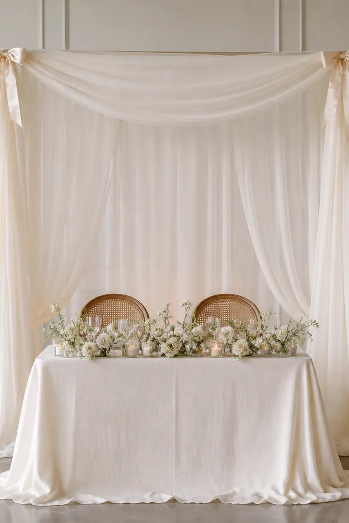 A soft fabric canopy hangs behind the sweetheart table, draped from a simple frame. Two satin bows sit at the top corners where the fabric gathers. The table is covered in ivory linen with small white blooms.