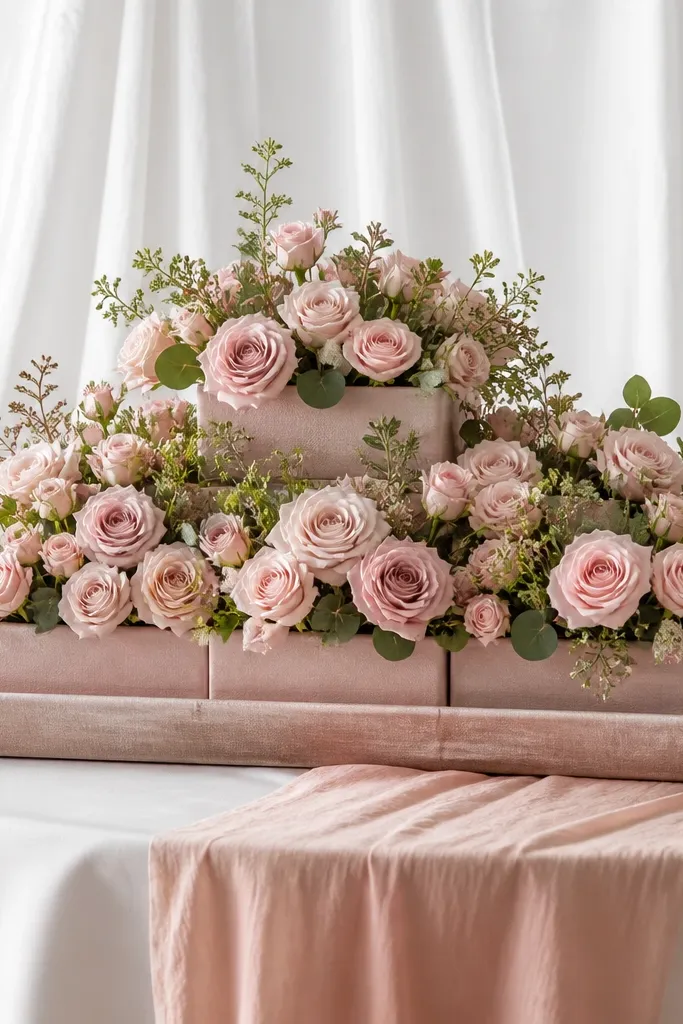 A large rectangular tray holds several stacked blocks of floral foam wrapped in blush fabric. Faux blush roses and greenery fill the top surfaces, creating a clean monochrome look. The backdrop is white fabric and the table has a blush runner.