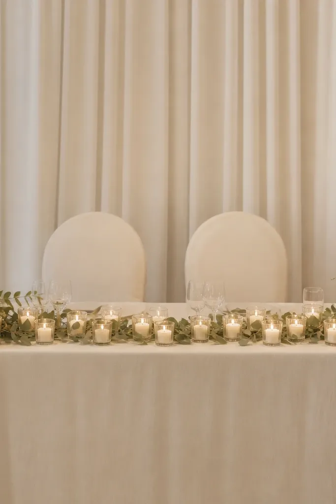 An ivory candle garland runs down the center of the sweetheart table. The candles are in small holders with greenery accents at both ends. The table backdrop is a simple cream curtain and the chairs are covered in ivory fabric.