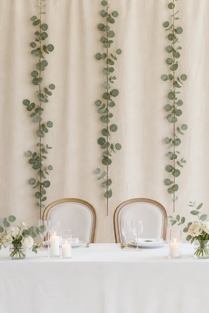 A cream linen backdrop hangs behind the sweetheart table. Several vertical eucalyptus branches are pinned across it in a symmetrical pattern. The table has a white cloth and minimal floral accents.