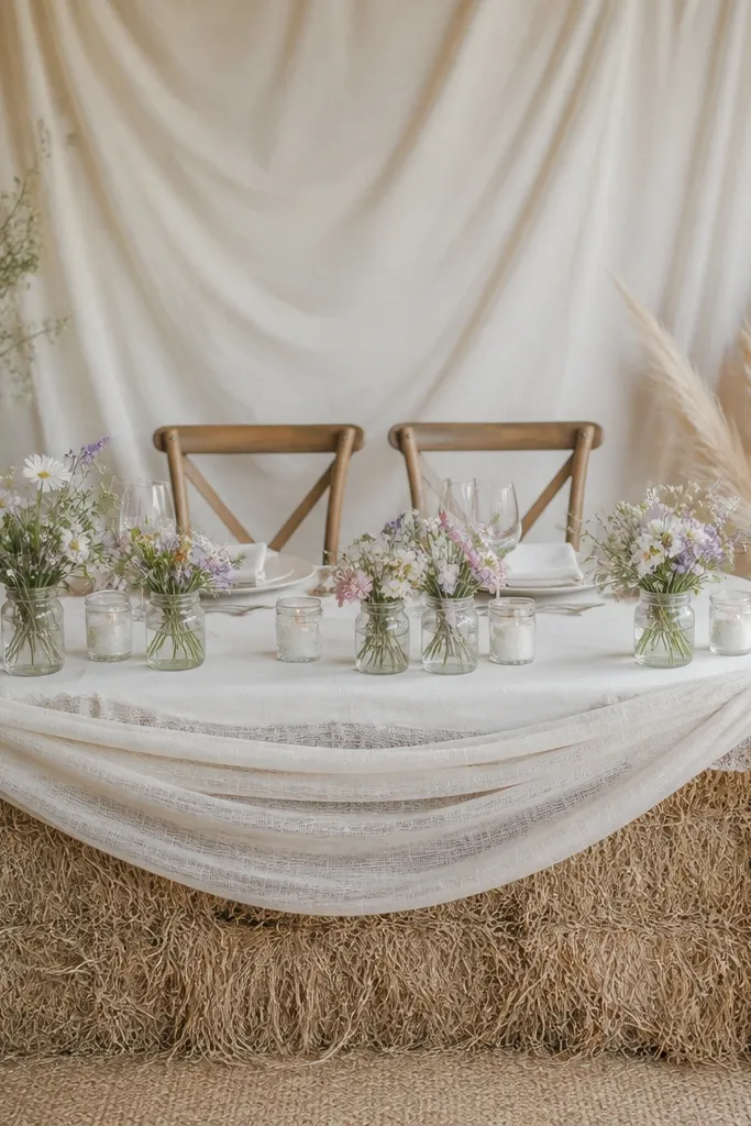 A sweetheart table styled with a rustic base look: a draped gauze runner over a natural hay bale platform. The table top has a light cloth and small wildflower-style arrangements in jars. The backdrop is a soft neutral fabric panel.