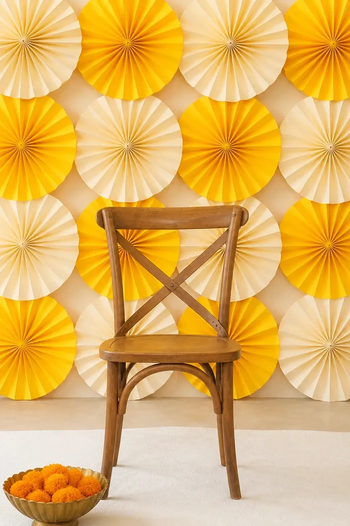 A backdrop made of layered paper fans in sunshine yellow and pale cream, arranged in a grid behind a chair. The fans overlap slightly, creating depth. A small marigold bowl sits in front, and the floor area has a simple white cloth runner.
