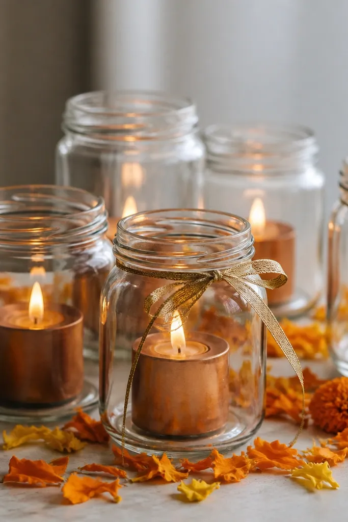 A cluster of glass jars on a table. Each jar holds a copper-toned LED candle. Marigold petals are scattered around the base, and a thin gold ribbon wraps one jar.