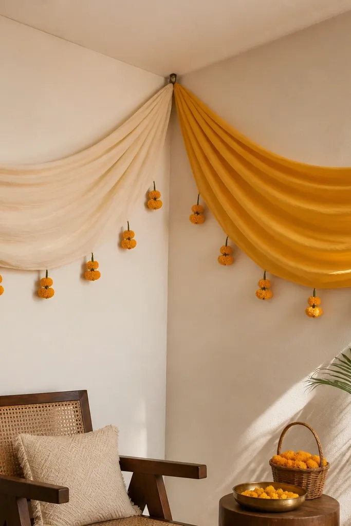 A ceiling corner with two dupattas draped in a swag shape. One dupatta is pale cream, the other is mustard yellow. They meet at a small hook above a chair area. Small marigold bunches hang from the lower edge.