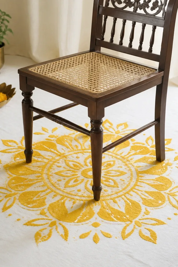 A floor mat area covered with a white cloth. Over it is a turmeric-yellow rangoli-style stencil pattern made with powder and a simple brush. The pattern centers under the chair and extends slightly outward.