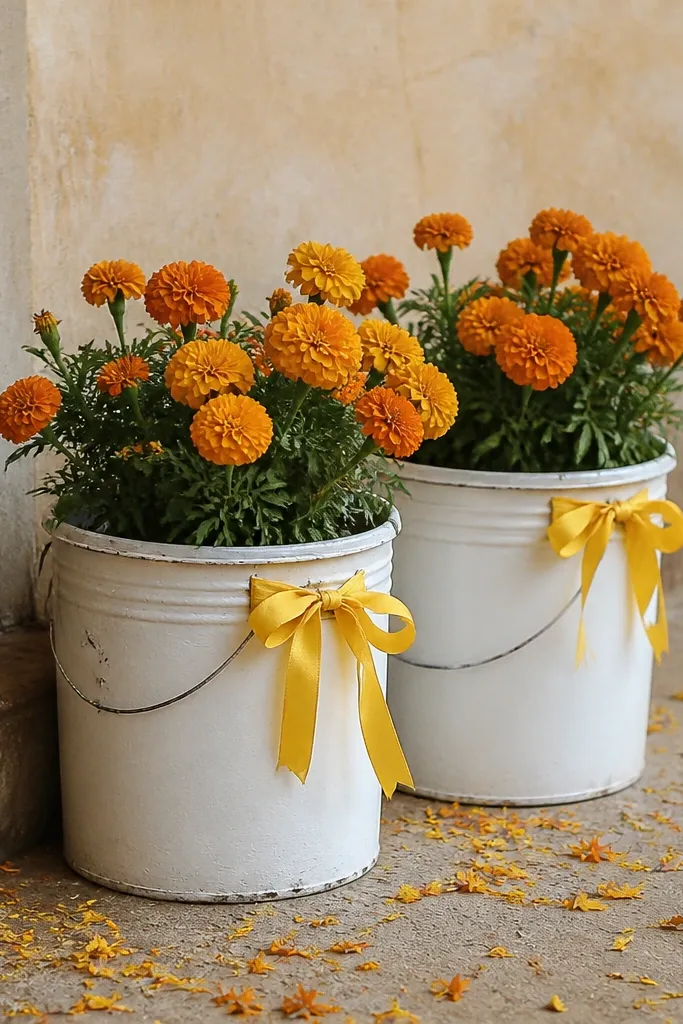 Two reused paint buckets painted matte white and set on the floor. Each bucket holds a small cluster of marigolds. The buckets have a yellow ribbon tied around the handle area, and the floor around them has scattered petals.