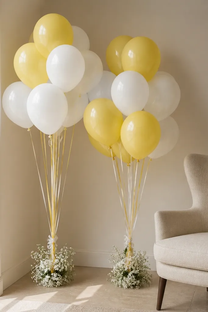A corner decorated with clusters of balloons: yellow and white. Each balloon cluster has ribbon tails that hang down to about knee height. A small garland of white flowers is tied to the base, and the balloons sit beside a chair.