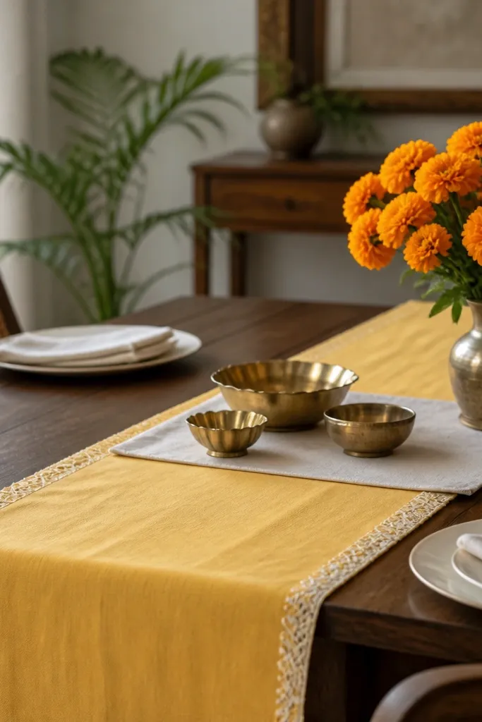 A dining table set with a yellow runner made from a folded bedsheet. The runner has a thin lace trim stitched along one edge. Small brass bowls and a vase of marigolds sit on top, with a white cloth placemat underneath the bowls.