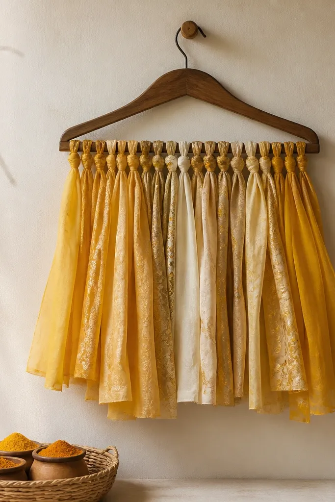 A wooden hanger mounted to a wall. From it hang short strips of thrifted sarees in yellow, cream, and gold. The strips are tied in small knots and fan out slightly. Below, a small basket holds haldi powder containers.