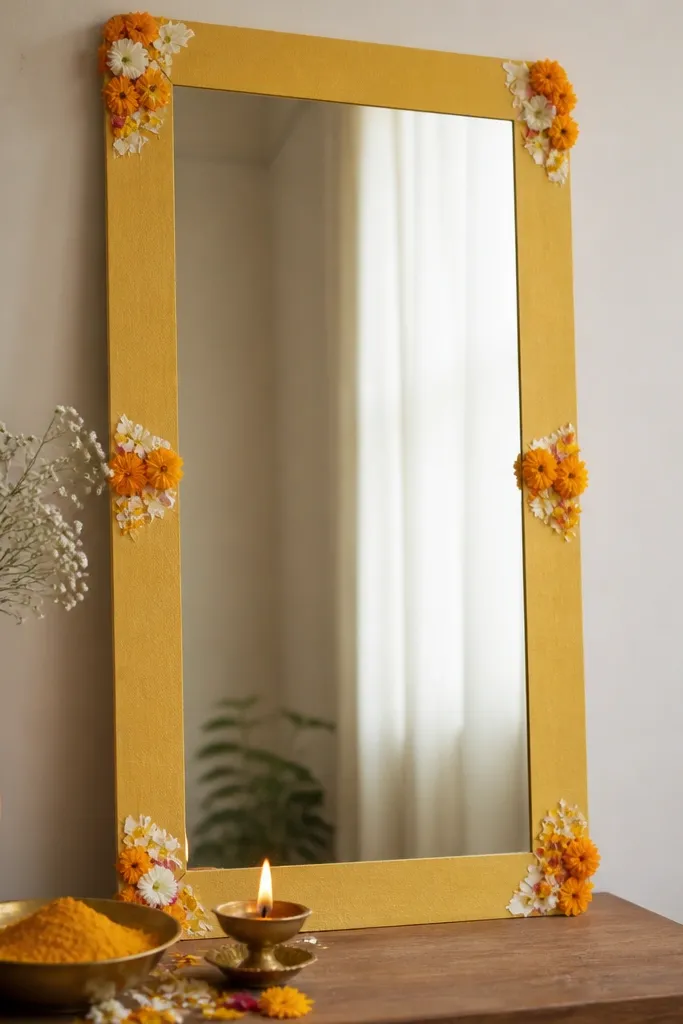 A standing mirror framed with a border of matte yellow paper tape. Around the mirror edges are small clusters of marigold and white flower petals. A small table beneath holds a diya and a bowl of haldi powder.