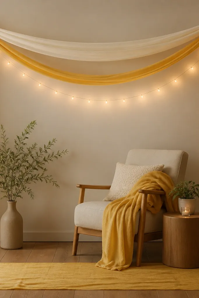 A ceiling swag created from two fabric strips (cream and yellow) tied to hooks. Warm fairy lights hang as a gentle arc from one hook to the other. The lights glow softly above a chair area, and the floor has a matching yellow cloth runner.