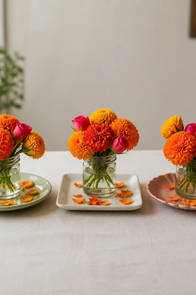 Three mini centerpieces on a table. Each centerpiece uses a different plate color and shape, but all have a small jar of marigolds and a few rose buds. Petals are sprinkled around the jars, and the plates are spaced evenly.