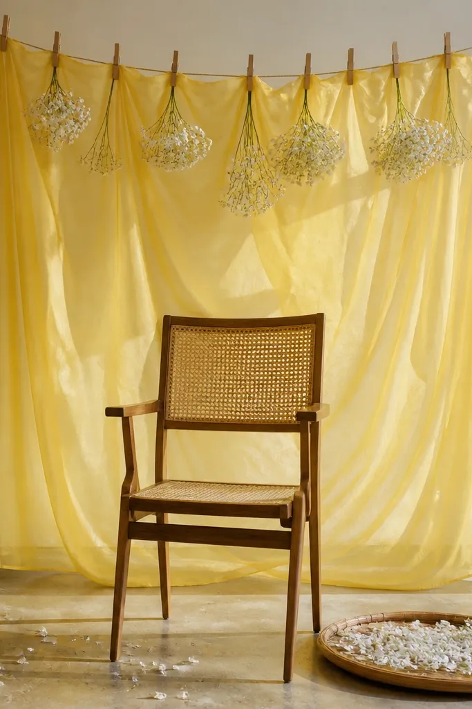 A sheer yellow curtain hung behind a chair using a clothesline and multiple clothespins. The curtain billows slightly, with visible folds. Small white flower bunches are pinned near the top, and a tray of petals sits on the floor in front.