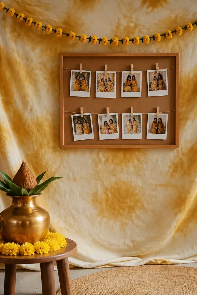 A bedsheet hung like a curtain behind the main haldi corner, stained warm golden in soft patches, with a small pinboard made from a wooden frame and brown paper. Polaroid-style photo prints are clipped with mini wooden clothespins, and a thin garland of marigold buds runs along the top edge. In the foreground, a brass kalash sits on a low stool with a ring of marigold petals around it.