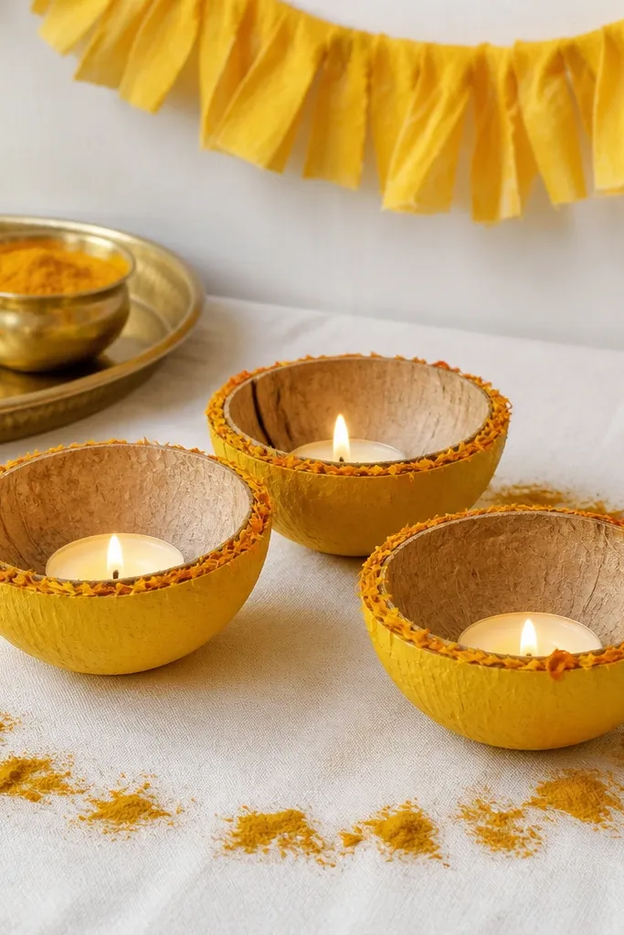Three coconut shells cut in half and cleaned, each holding a small tea light candle. The shells are painted matte mustard-yellow on the outside and left raw on the inside, with thin marigold petal lines drawn around the rim. Around the shells, there are scattered turmeric powder smudges in a neat circle on a white cloth. A brass thali with a haldi bowl sits behind them, and the wall has a short toran made from yellow fabric strips.