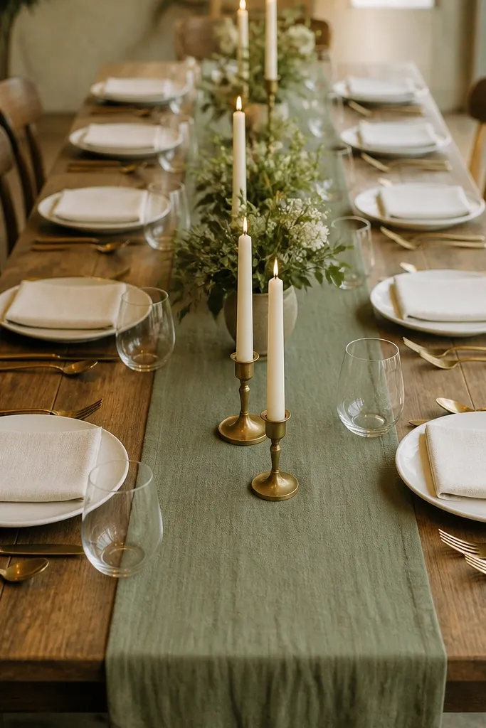 A long rectangular table with a matte sage green runner centered. Ivory linen napkins are folded into a simple rectangle and placed at each setting. Each place has gold/brass-toned flatware, white ceramic plates, clear water glasses, and a small brass candle holder.