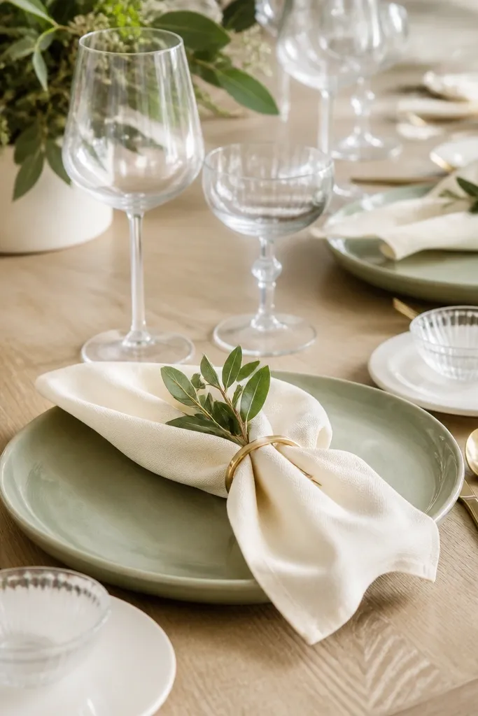 Close-up table setting with sage green dinner plates and cream napkins. Clear stemware stacks neatly, with a small clear appetizer bowl on top of a white side plate. Each place has a gold-toned fork and spoon, and the table surface is a light wood tone.