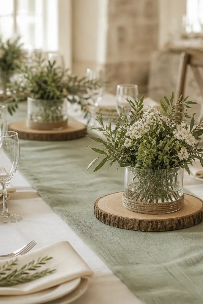 A table with a sage runner and ivory napkins. Low clear cylinder vases hold olive-sage foliage and small white flowers, arranged low so guests can see each other. Each vase sits on a round wood slice with twine-wrapped accents.