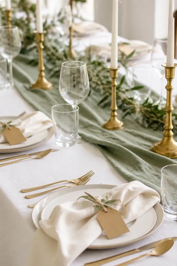 A white tablecloth with a sage green linen overlay draped across the center. Napkins are off-white with a soft fold. Place cards are tied with thin twine and a small sage leaf, and there are gold candlesticks at intervals.