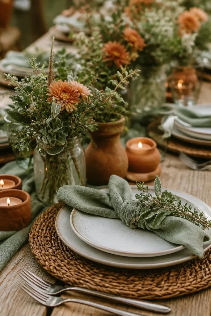 A rustic table on wood slabs with sage green napkins and terracotta-colored clay candle holders. White plates sit on woven chargers, and sage sprigs are tucked into napkins. Warm terracotta blooms and small herbs appear in center jars.
