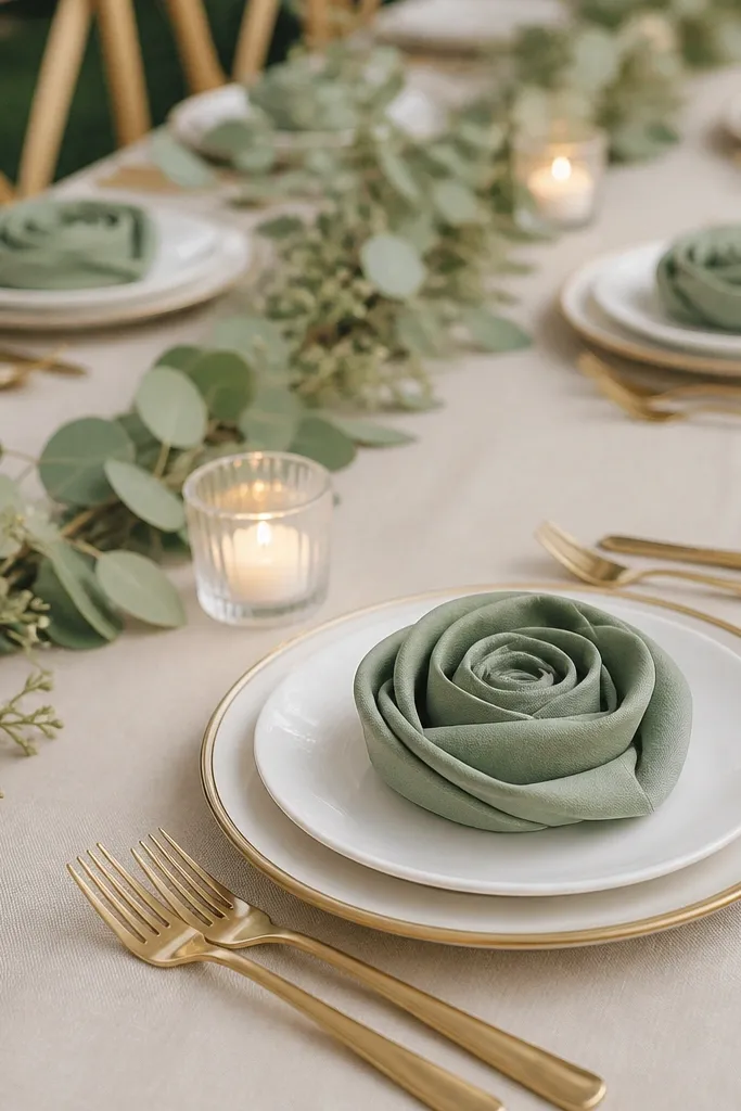 Each setting has a gold-rim plate with a white center. Sage green napkins are folded into a rosette and placed on the plate. Gold flatware and a small clear glass candle are centered near the plate, with minimal greenery around it.