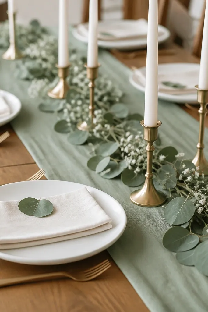 A sage green runner on a table with white taper candles in gold holders. Eucalyptus sprigs and small white filler flowers are tucked around the candle bases. Each place has a white plate, cream napkin, and a single eucalyptus leaf placed near the fork.