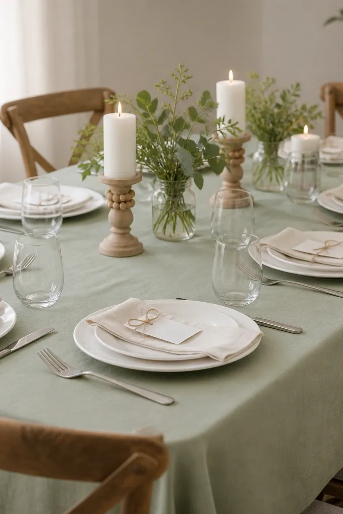 A full sage tablecloth covers the table. White plates are paired with cream napkins. Small jute twine bows tie place cards, and there are natural wood beads on the candle holders. Clear glasses and simple greenery in mason jars sit at the center.