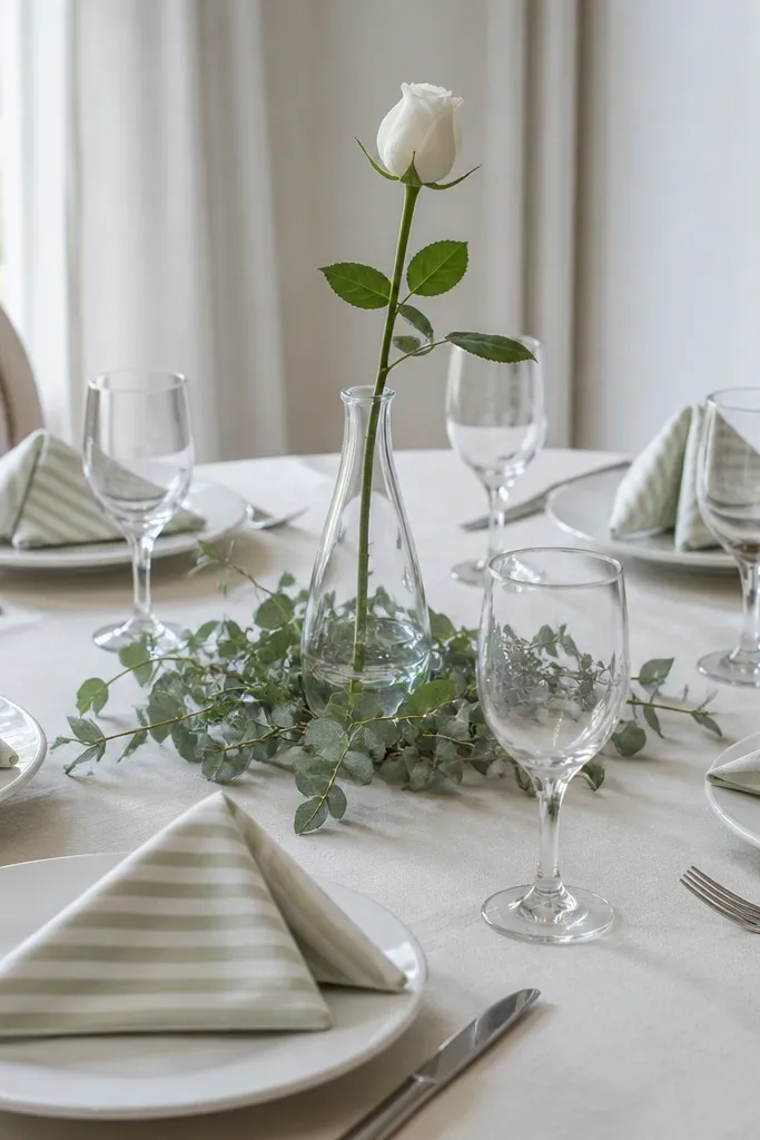 Place settings show solid white plates with striped napkins in sage and ivory. The napkins are folded into a pointed fold and placed to the side. The centerpiece is a simple white bud in a glass vase, with sage sprigs around the base.