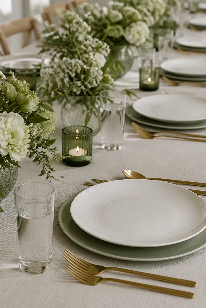 Each setting has a sage green coaster under a white plate. There are deep green glass candle holders at intervals, with small white candles inside. Clear water glasses and gold flatware complete each place setting.