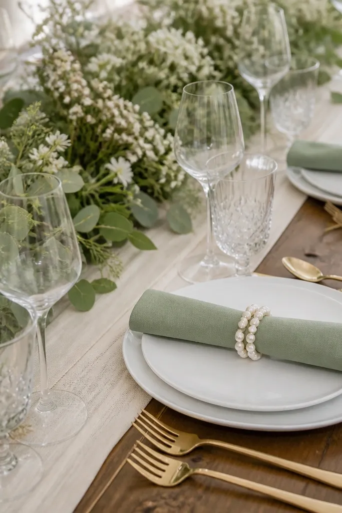 Sage green cloth napkins are rolled and held with pearl-beaded napkin rings. Plates are white, and the table has a cream runner. The centerpiece is low greenery with small white flowers, and gold flatware gleams.