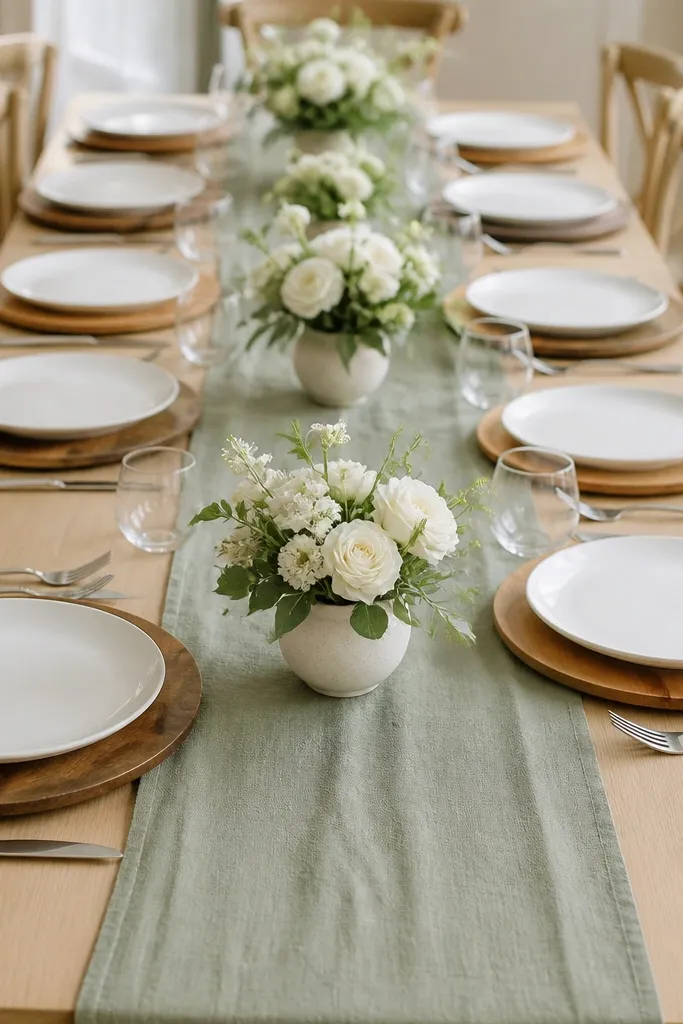 A sage green runner on a long table. Each place has a white plate on a round wood charger, with slight variation in wood tone. Centerpieces are small white bouquets in short vases, spaced across the table.